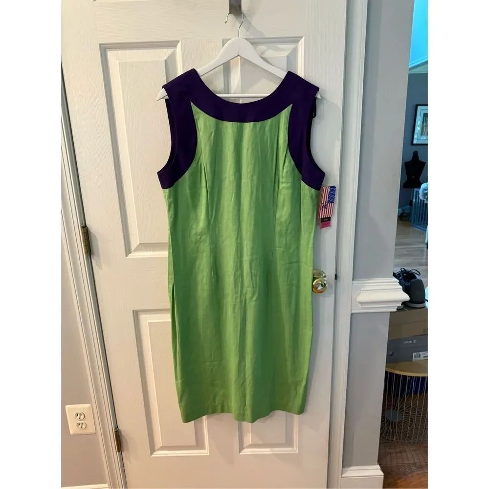 Vintage John Roberts Green & Purple Linen Bow Back Sleeveless Dress sz 15/16 NWT